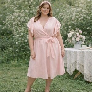 Halogen Wrap Dress Womens XXL Baby Pink Ruffle Sleeve V-Neck Summer Garden Party